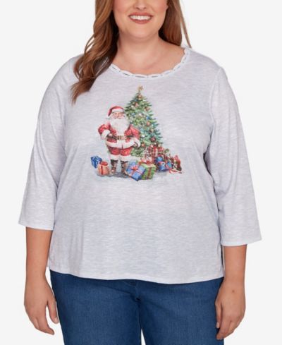 Alfred Dunner Plus Size Classic Santa and Tree Print Crew Neck Top