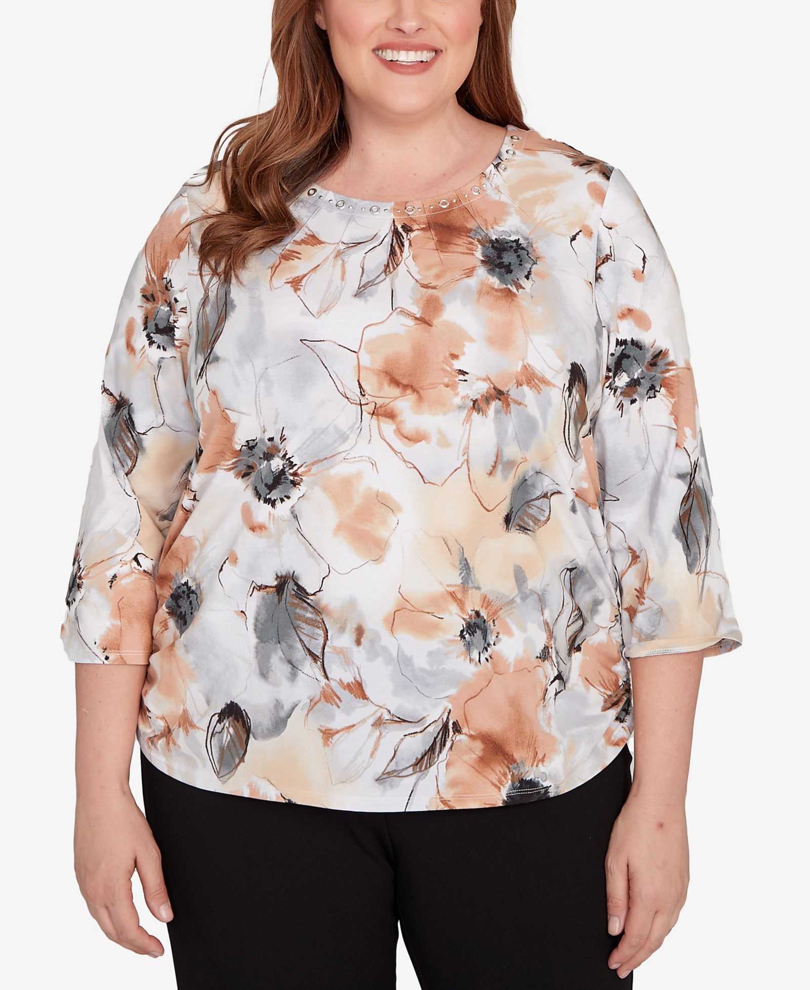 Alfred Dunner Plus Size Watercolor Floral Gathered Sides Crew Neck Top
