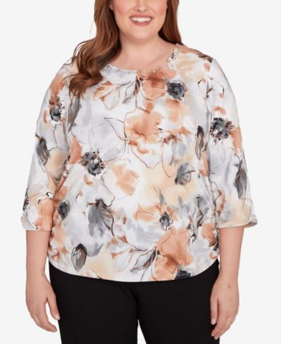 Alfred Dunner Plus Size Watercolor Floral Gathered Sides Crew Neck Top