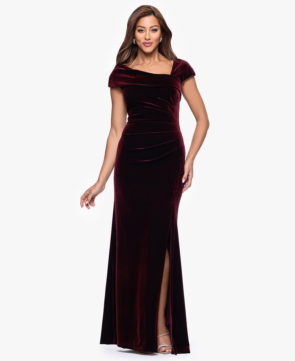 Женское бархатное платье XSCAPE Asymmetrical Neck Cap Sleeve