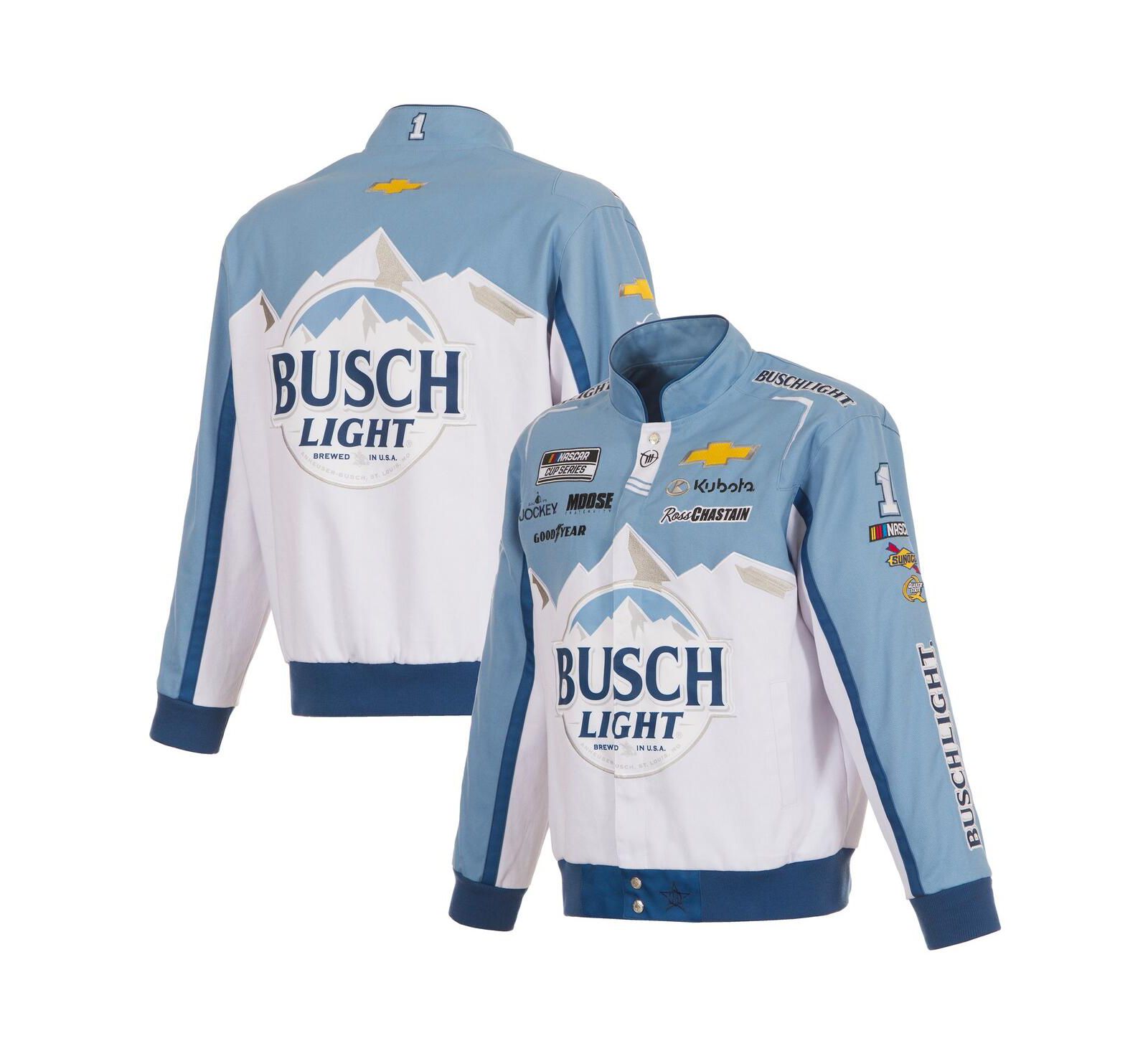 Мужская куртка JH Design Ross Chastain Busch Light White/Light Blue Full-Snap Twill Uniform