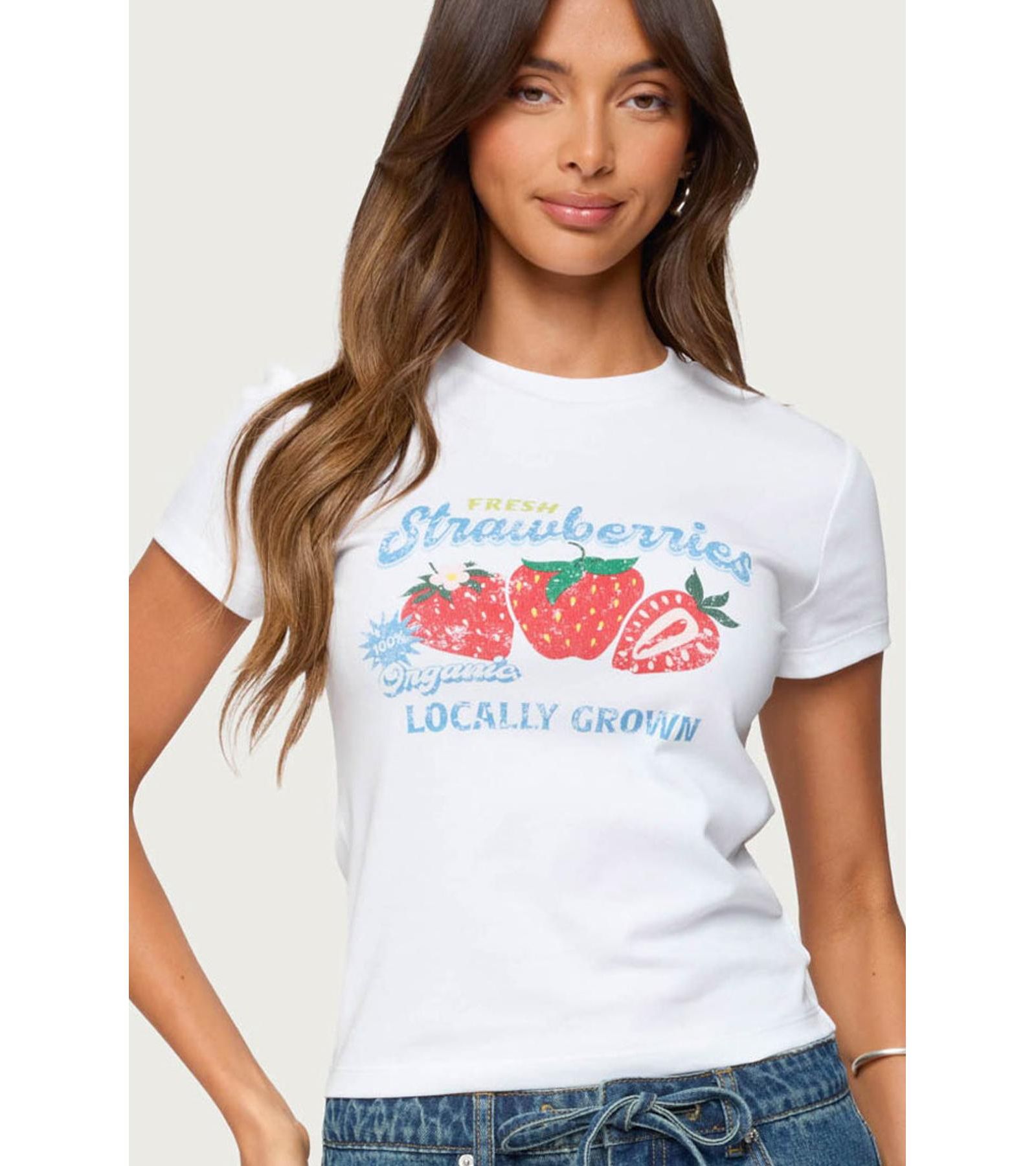 Edikted Womens Fresh Strawberries Graphic T Shirt