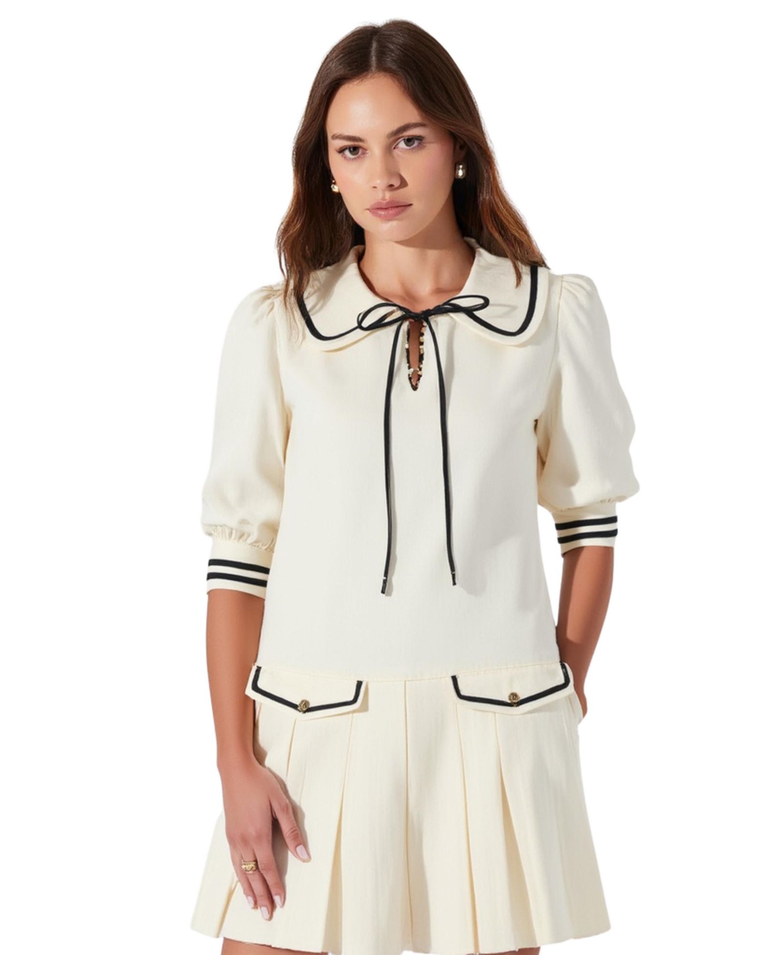Женское мини-платье Modenaire Pleated Contrast Collar Bow Tie