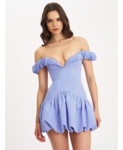 Женское мини-платье Miss Circle Sablee Checkered Puffy Off Shoulder Trim Bubble Hem