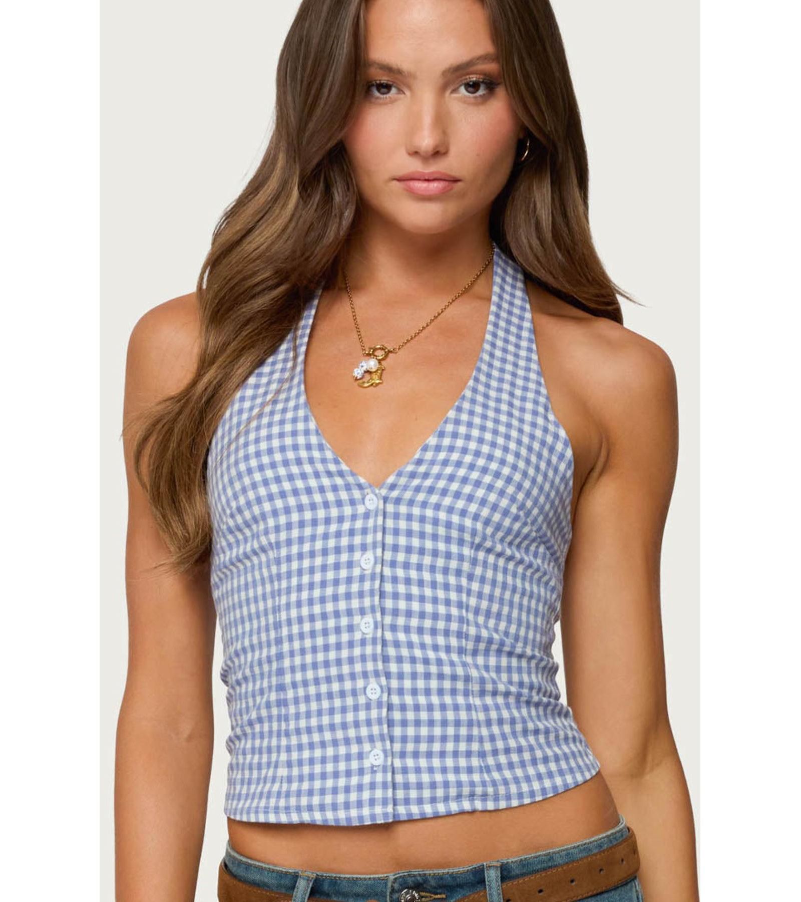 Edikted Womens Evan Gingham Button Up Halter Top