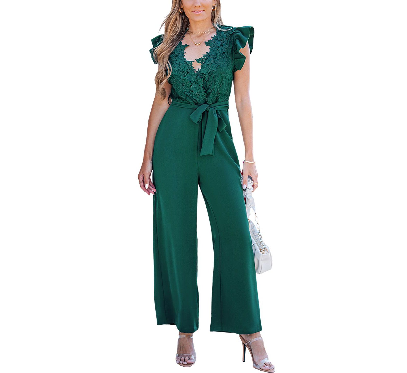 Cupshe Women's Lace Ruffle Sleeve V-Neck Jumpsuit