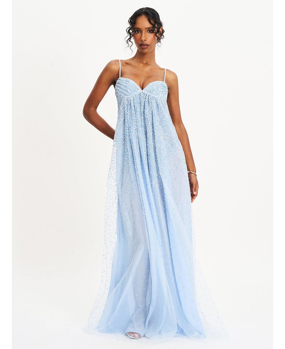 Платье Miss Circle Women's Wallie Baby Blue Rhinestone Embellished Mesh Backless Gown