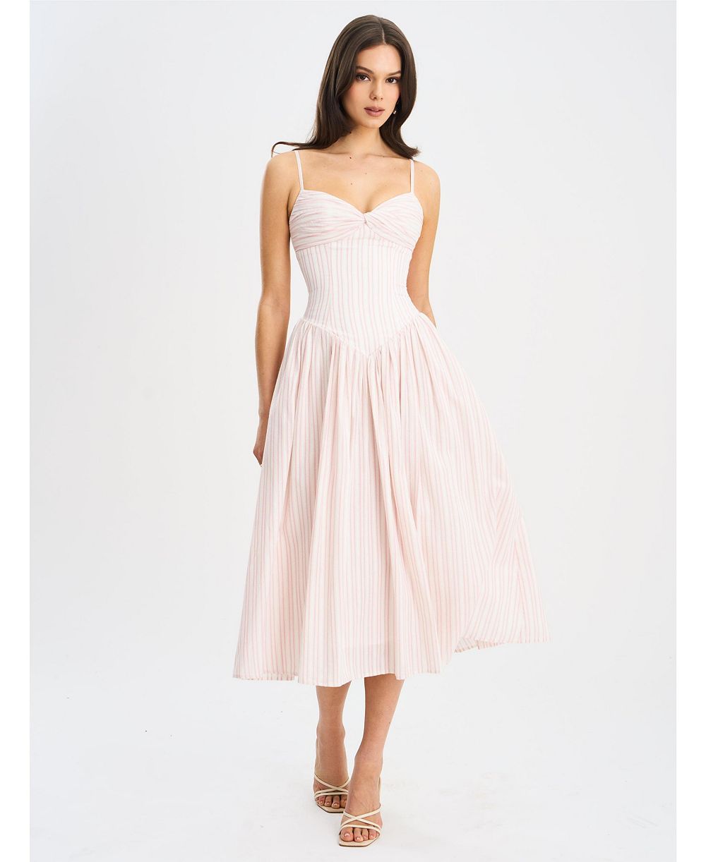 Женское миди-платье Miss Circle Zania Pink Stripe Ruched Breast Cotton Jacquard