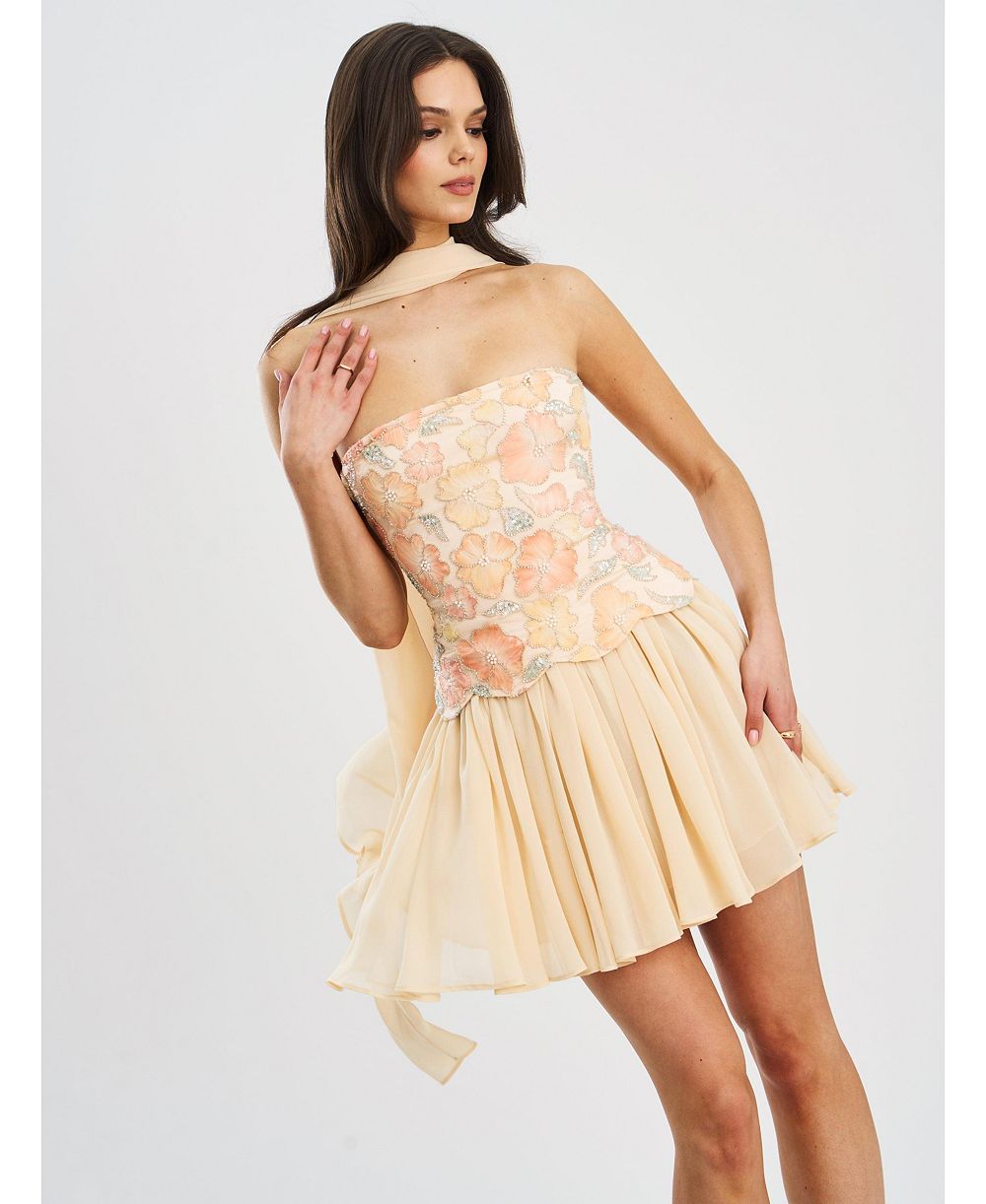 Женское мини-платье Miss Circle Quanisha Yellow Beaded Floral Chiffon с шарфом