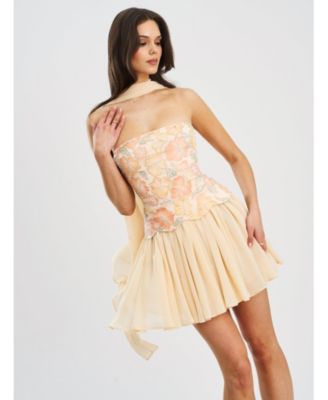 Женское мини-платье Miss Circle Quanisha Yellow Beaded Floral Chiffon с шарфом