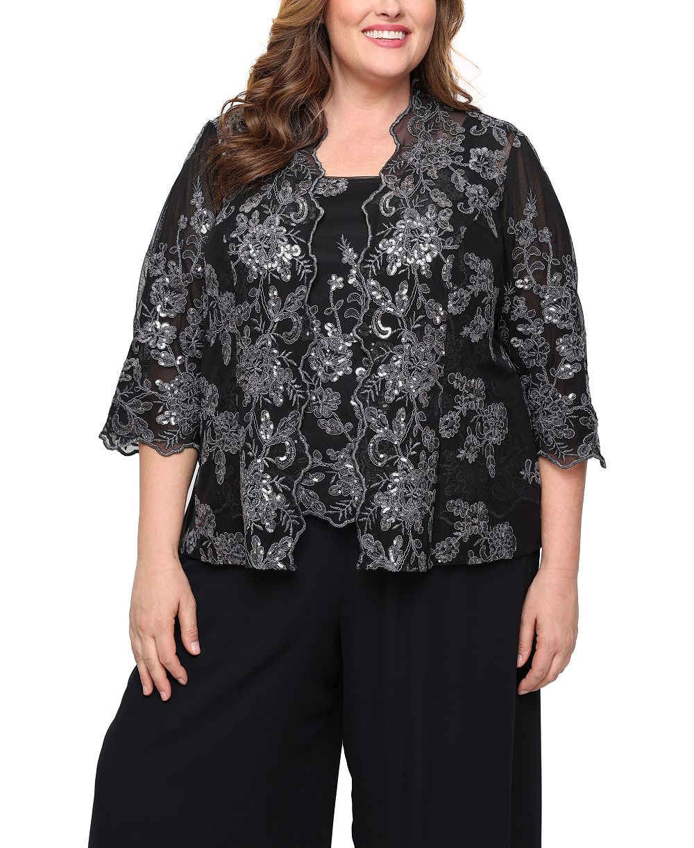 Alex Evenings Plus Size 3/4-Sleeve Embroidered Jacket and Tank Twinset