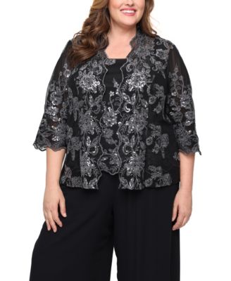 Alex Evenings Plus Size 3/4-Sleeve Embroidered Jacket and Tank Twinset
