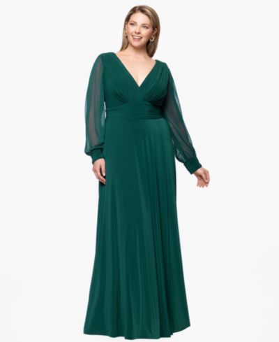 Betsy & Adam Plus Size Long Sleeve Chiffon V-Neck A-Line Dress