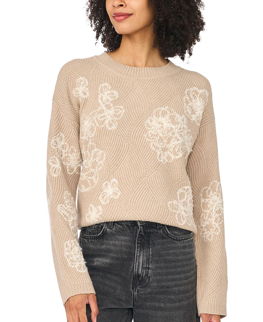 Vince Camuto Women's Crewneck Floral-Embroidered Long-Sleeve Sweater