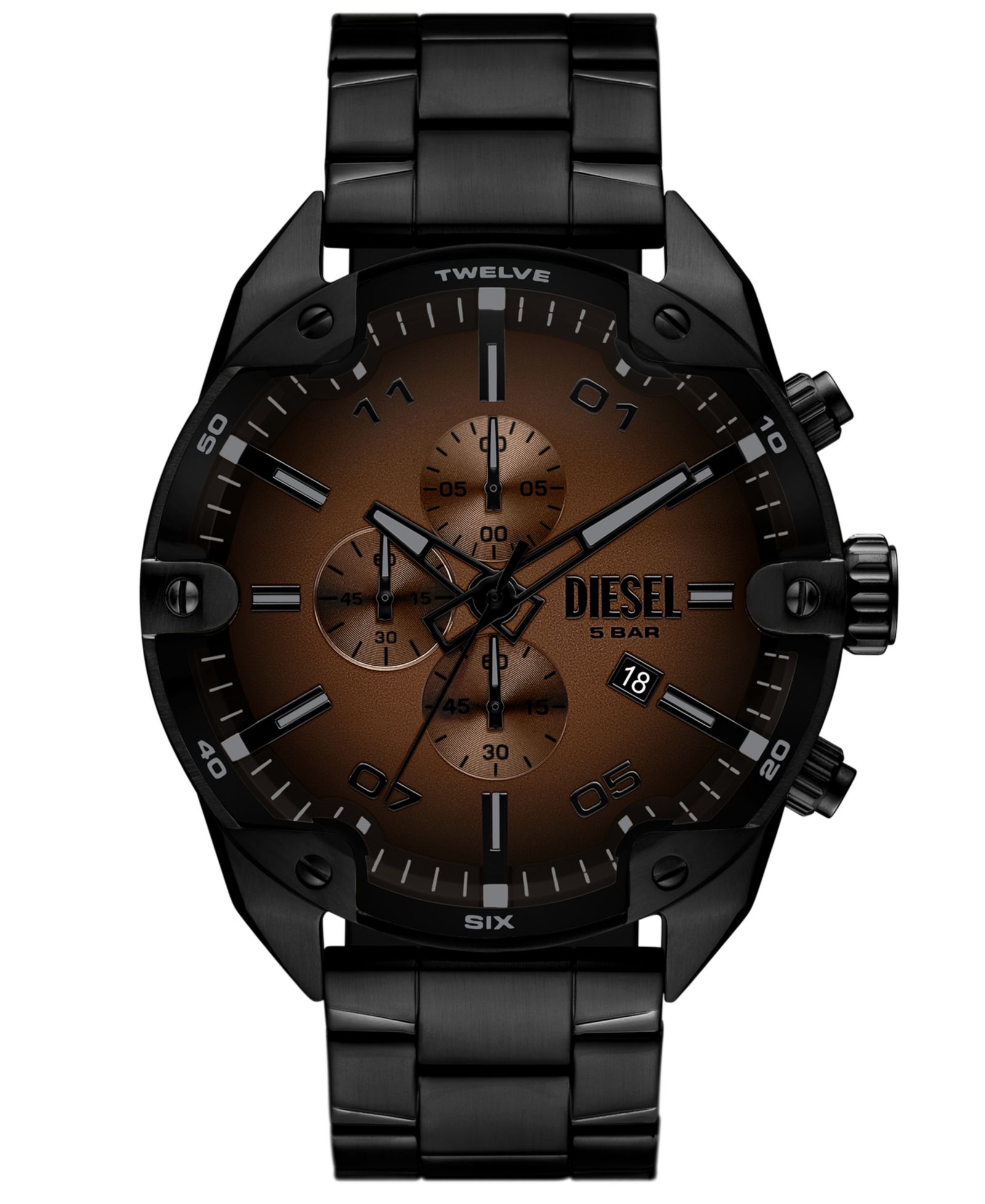 Diesel Мужские хронограф часы Spiked Quartz из черной нержавеющей стали, 49mm