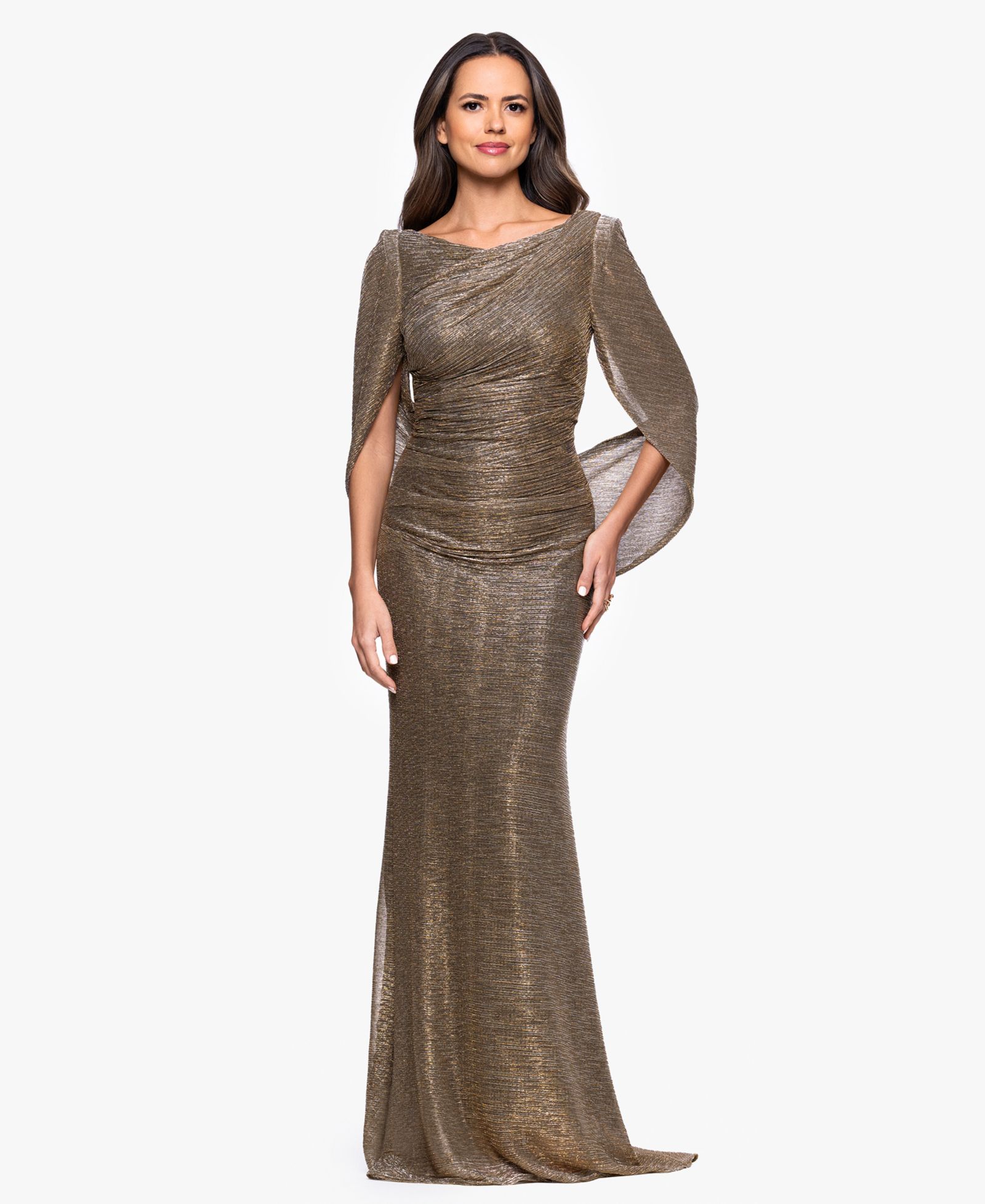 Betsy & Adam Women's Long Metallic Crinkle Drape Back Boat Neck Dress