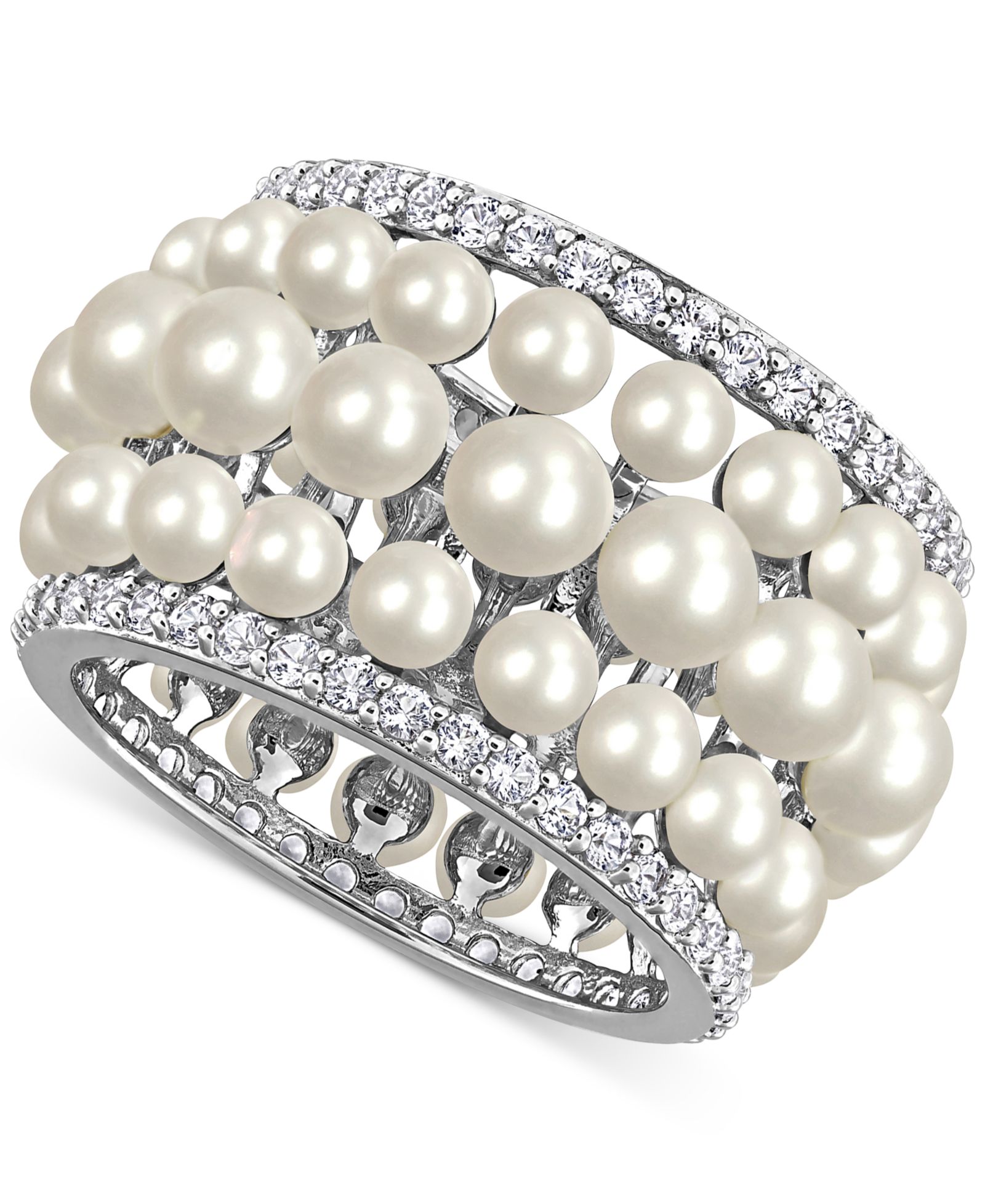 Cultured Freshwater Pearl (3 - 4-1/2mm) & Lab Grown White Sapphire (1-5/8 ct. t.w.) Multirow Ring in Sterling Silver