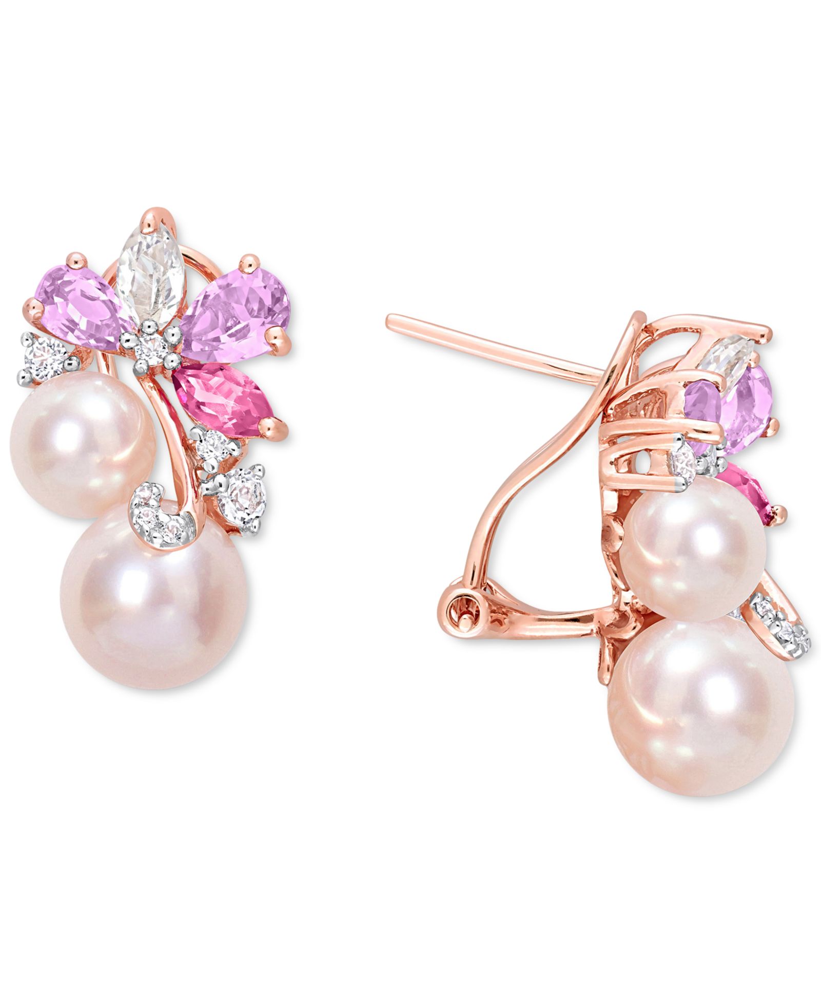 Colored Cultured Freshwater Pearl (6 & 8mm) & Multi-Gemstone (2-5/8 ct. t.w.) Cluster Earrings in 18k Rose Gold Flash-Plated Sterling Silver