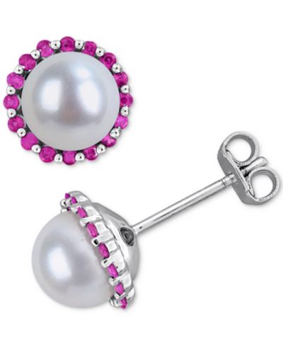 Macy's Freshwater Pearl & Ruby Stud Earrings в Sterling Silver