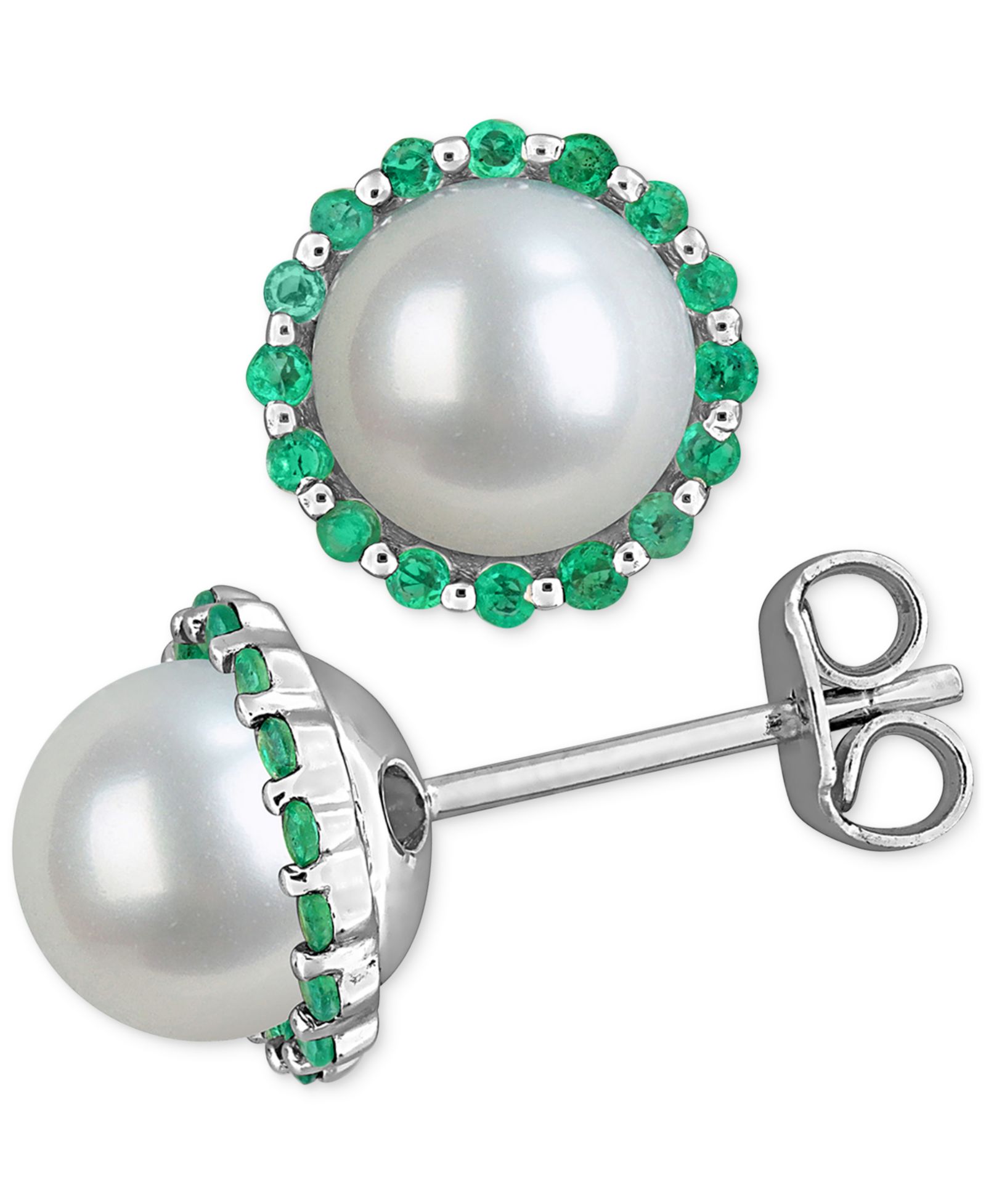 Серьги-гвоздики Macy's Cultured Freshwater Pearl (7mm) & Emerald (3/8 ct. t.w.) Halo Stud Earrings in Sterling Silver
