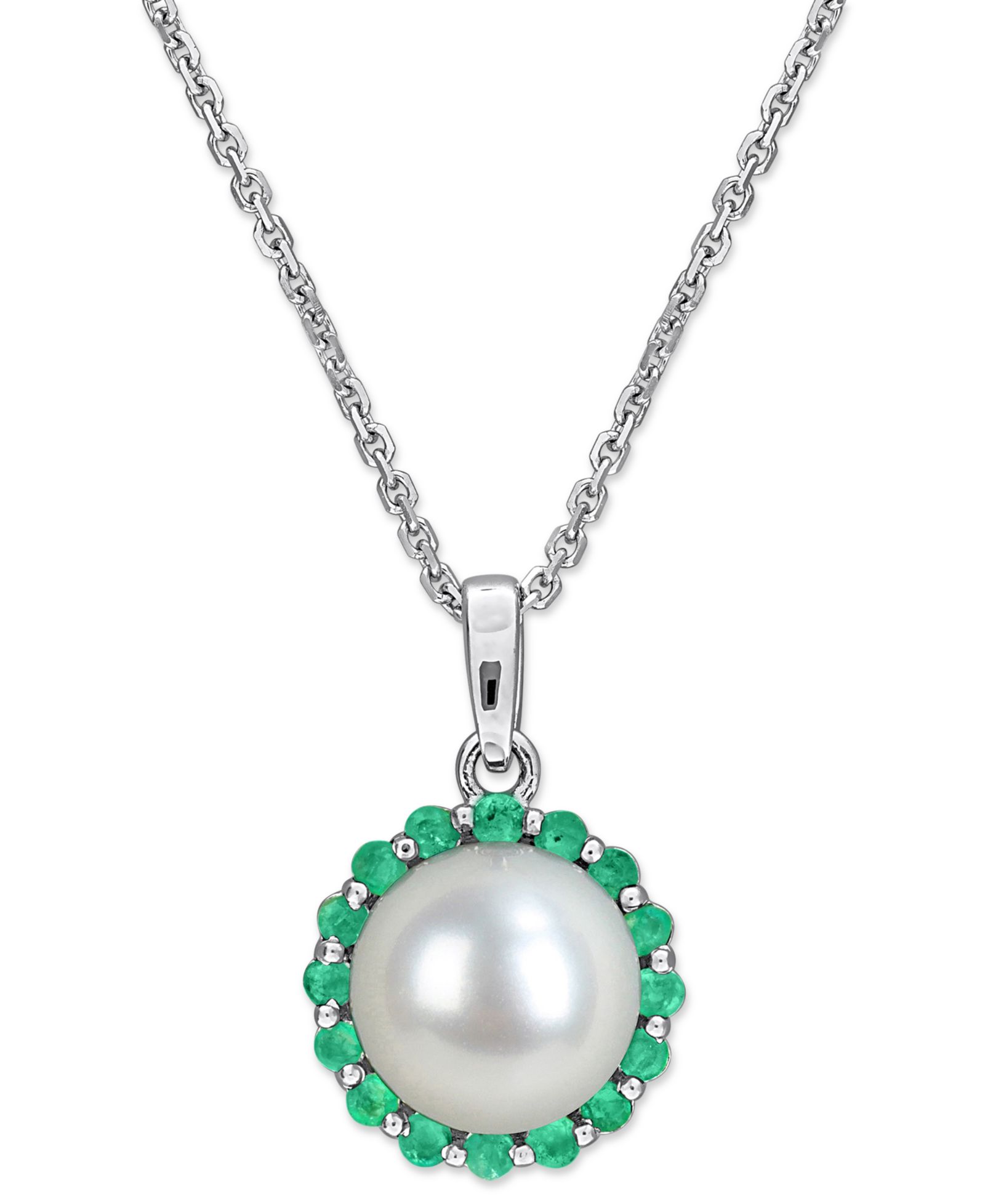 Подвеска с культивированным речным жемчугом (8mm) и изумрудом (1/3 ct. t.w.) 18" из стерлингового серебра
