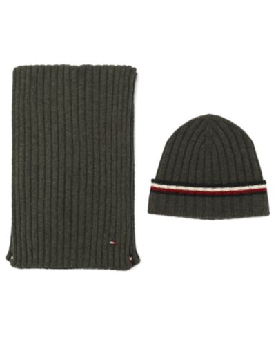 Tommy Hilfiger Men's 2-Piece Wide Rib Global Stripe Cuff Beanie and Scarf Set