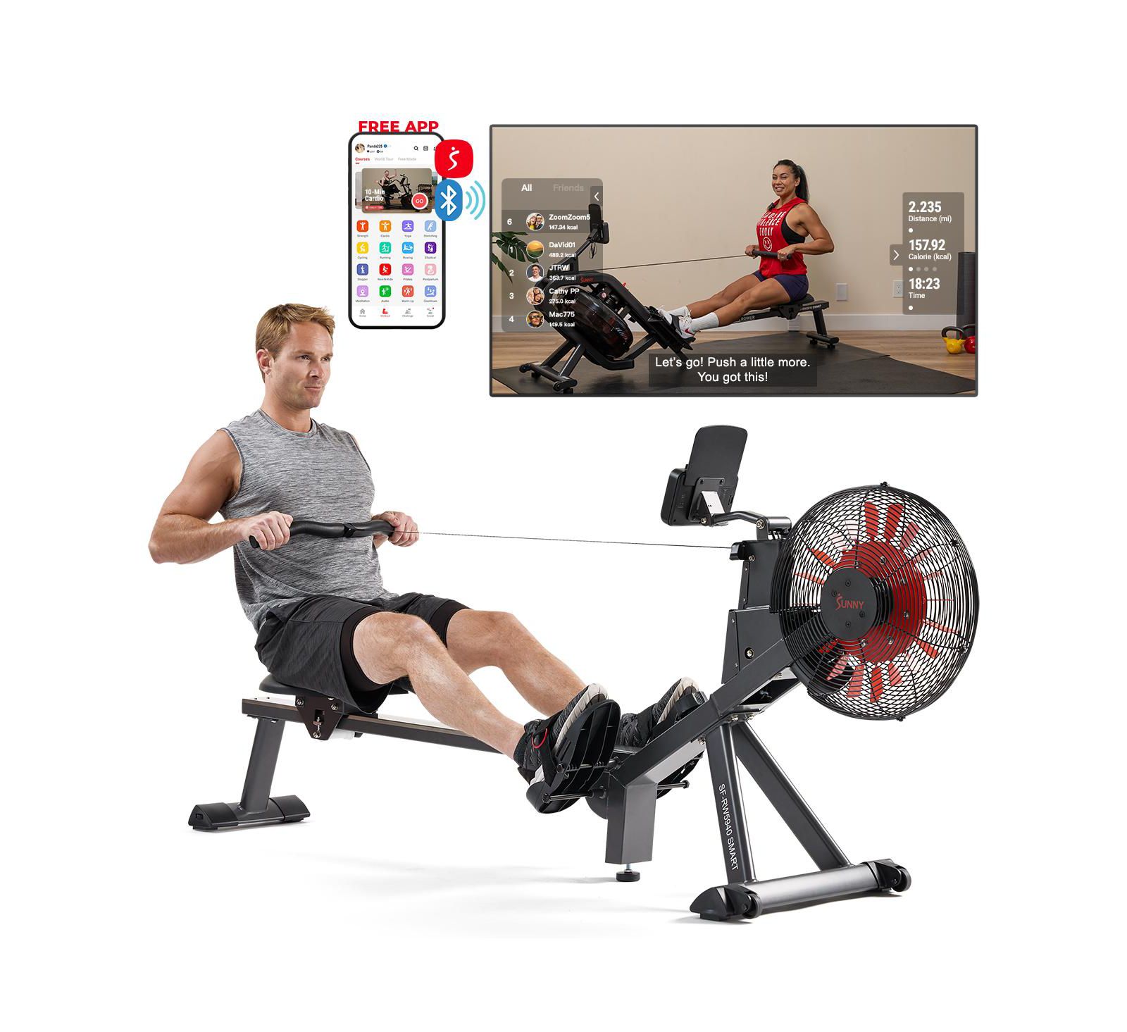 Sunny Health & Fitness эллиптический тренажер Smart Magnetic Air Rower с Bluetooth