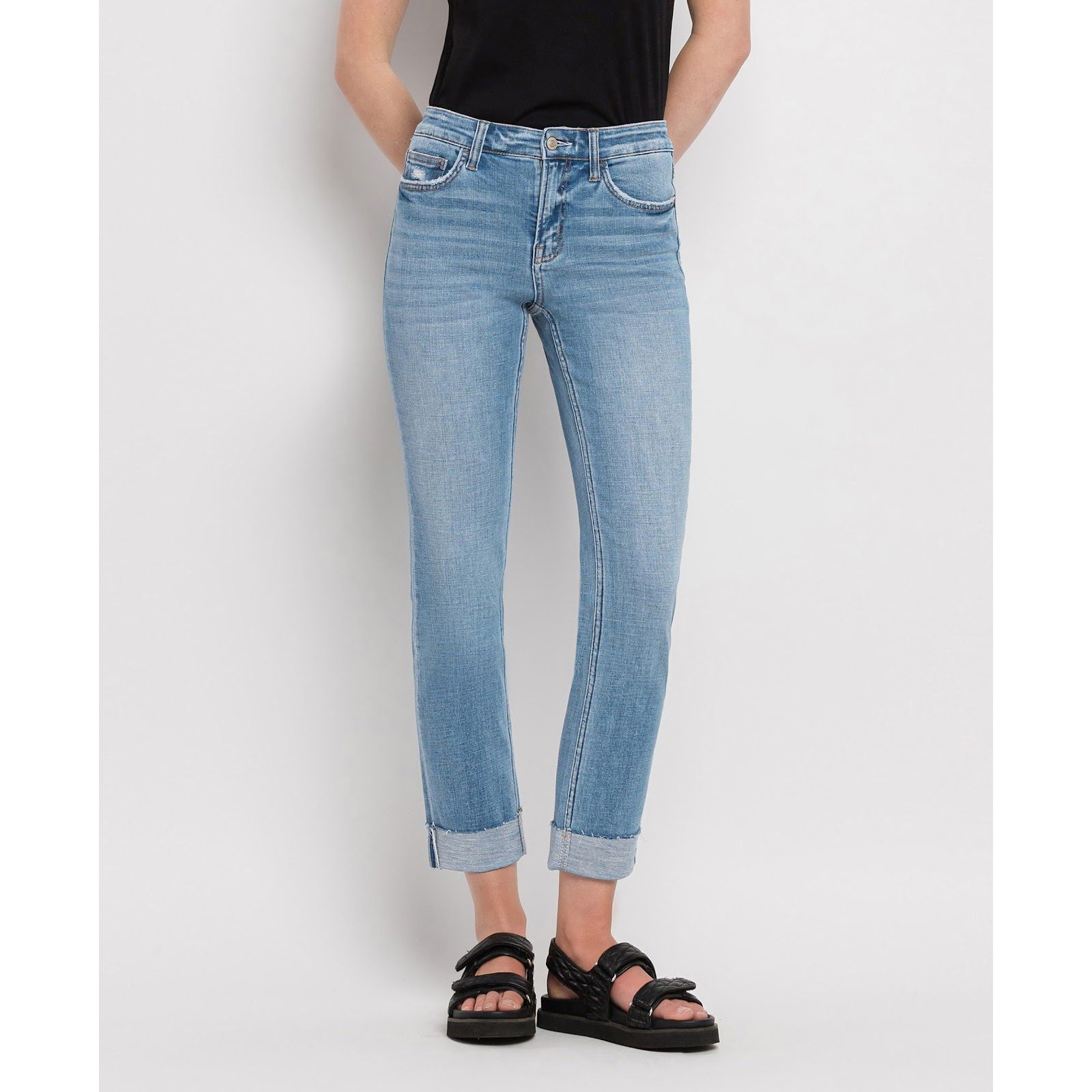 Flying Monkey Women's Mid Rise Cuffed Slim Straight Jeans