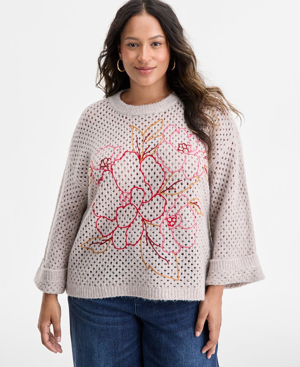 Свитер Democracy Plus Size Long Sleeve Floral Embroidered