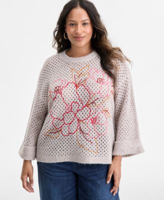 Democracy Plus Size Long Sleeve Floral Embroidered Sweater