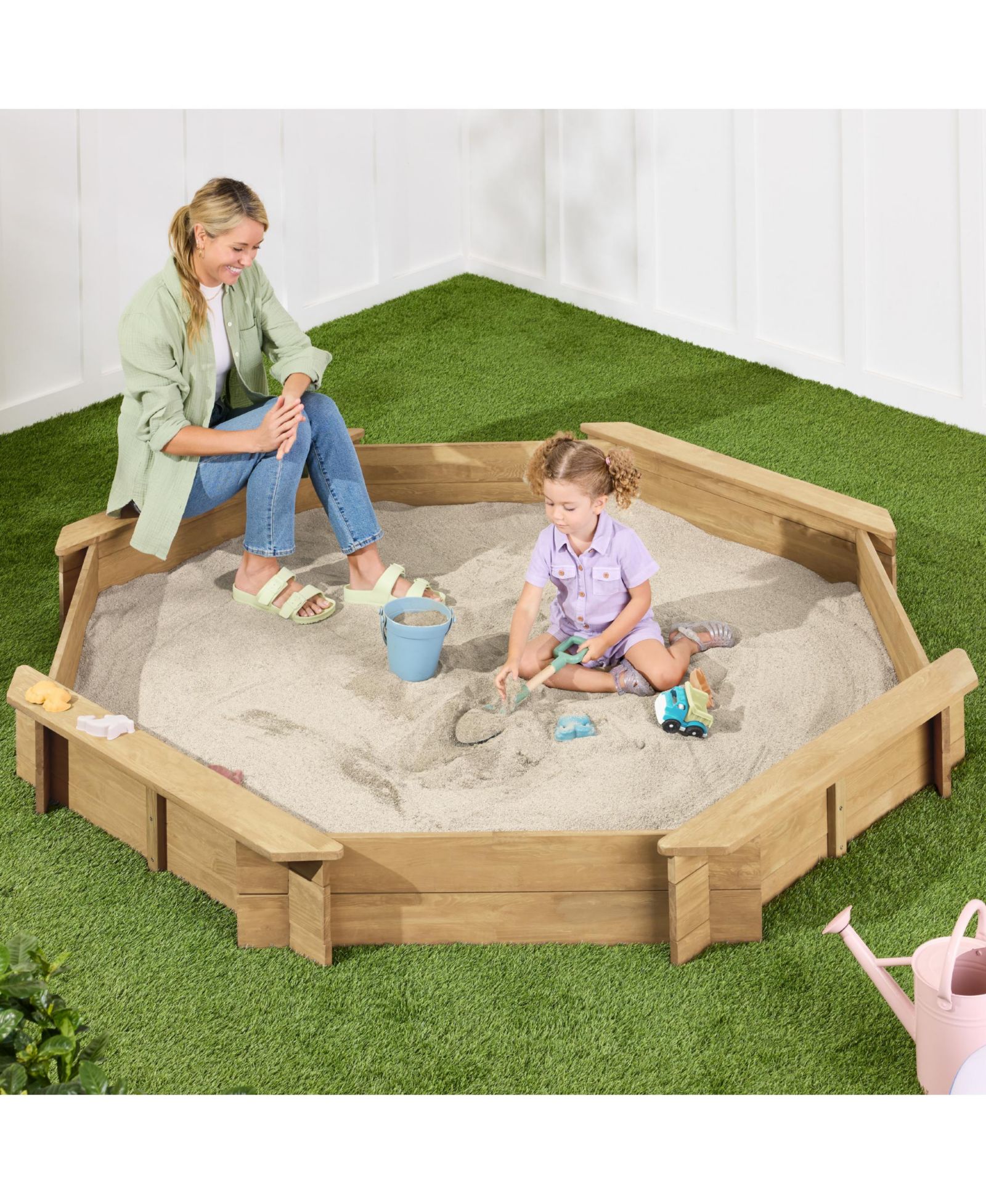 Детская песочница Best Choice Products Octagonal Wooden Outdoor w/ Benches, 8 Seats, Cover, XL Sandpit, Liner