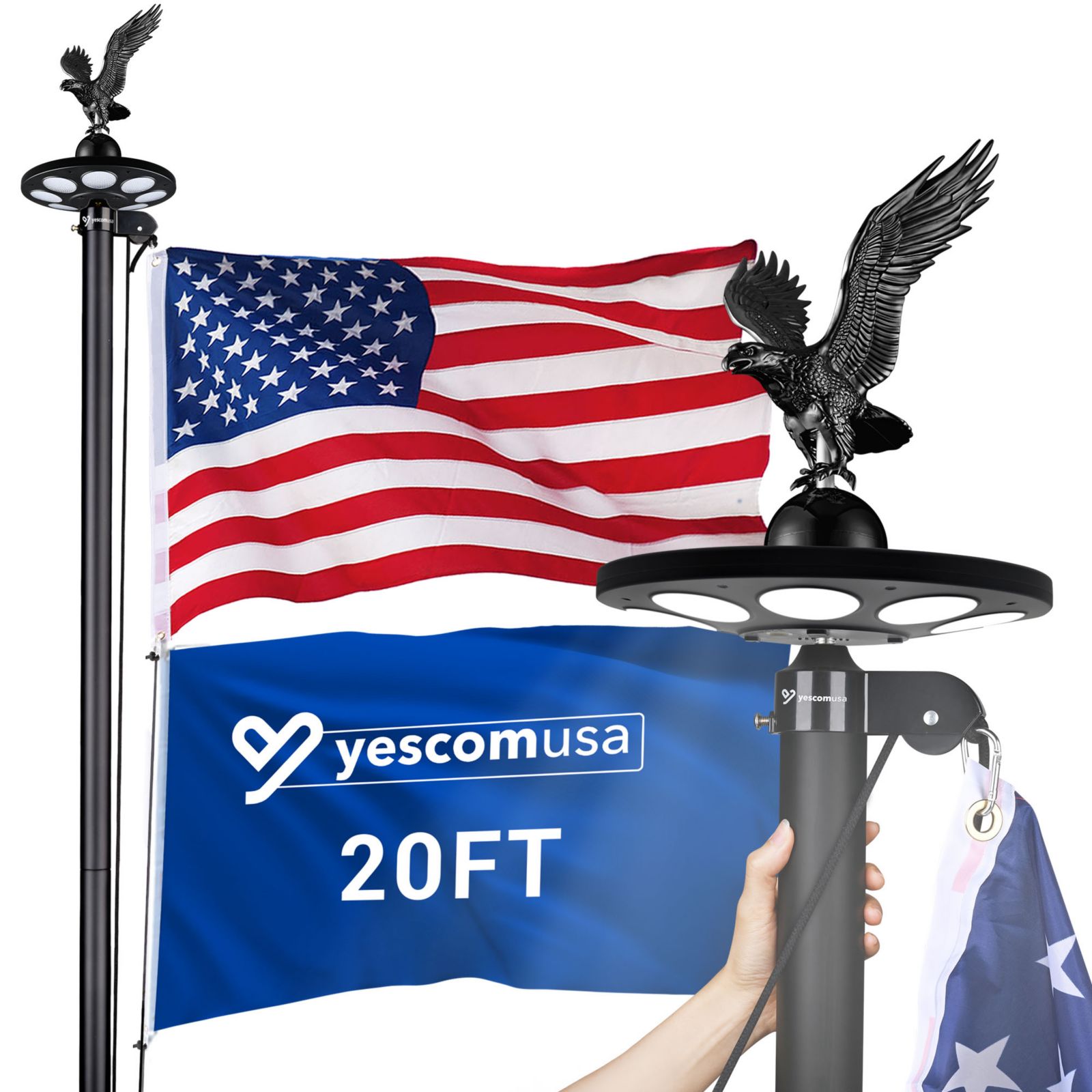 Yescom Bravery 20ft Eagle Topper Sectional Aluminum Flag Pole Kit with Solar Light US Flag Ball Top for Outside, Silver