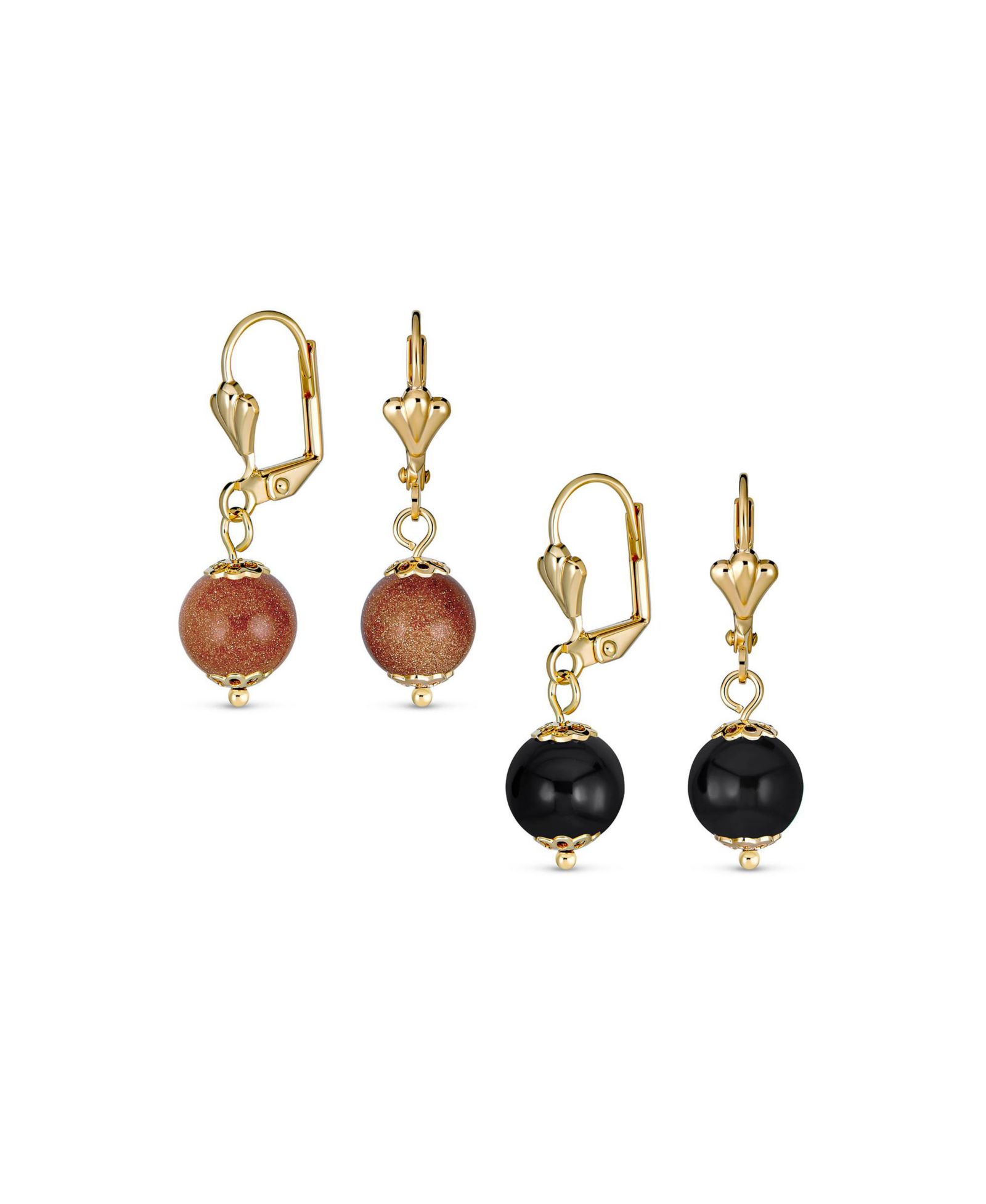 Серьги Bling Jewelry Timeless Brown Goldstone Black Onyx Dangle 8MM Ball Drop Gold Plated (Set of 2)