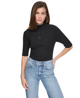 DKNY Jeans Women's Elbow Sleeve Wide Rib Mock Neck Cotton Rib Knit Sweater
