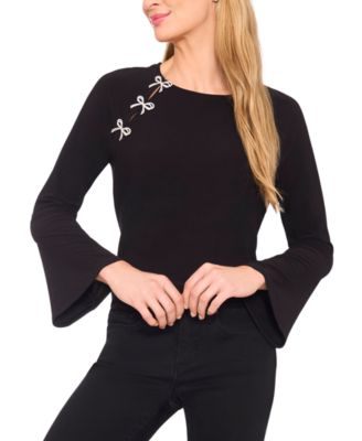 CeCe Women's Imitation Pearl Bow Long-Sleeve Knit Top