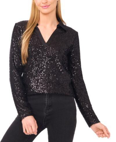 CeCe Women's Sequinned Long Sleeve Polo Top