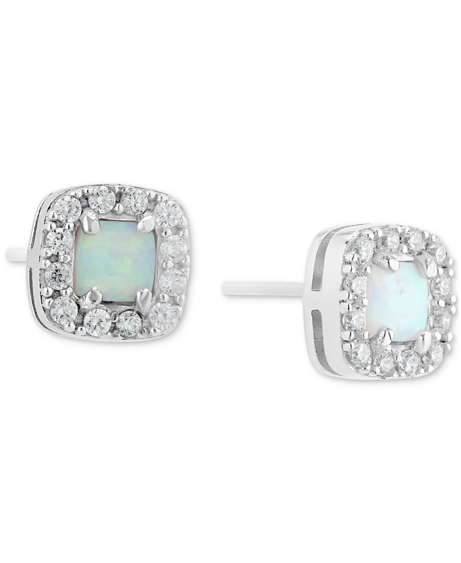 Simulated Opal & Pavé Halo Square Stud Earrings in Sterling Silver