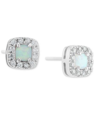 Simulated Opal & Pavé Halo Square Stud Earrings in Sterling Silver