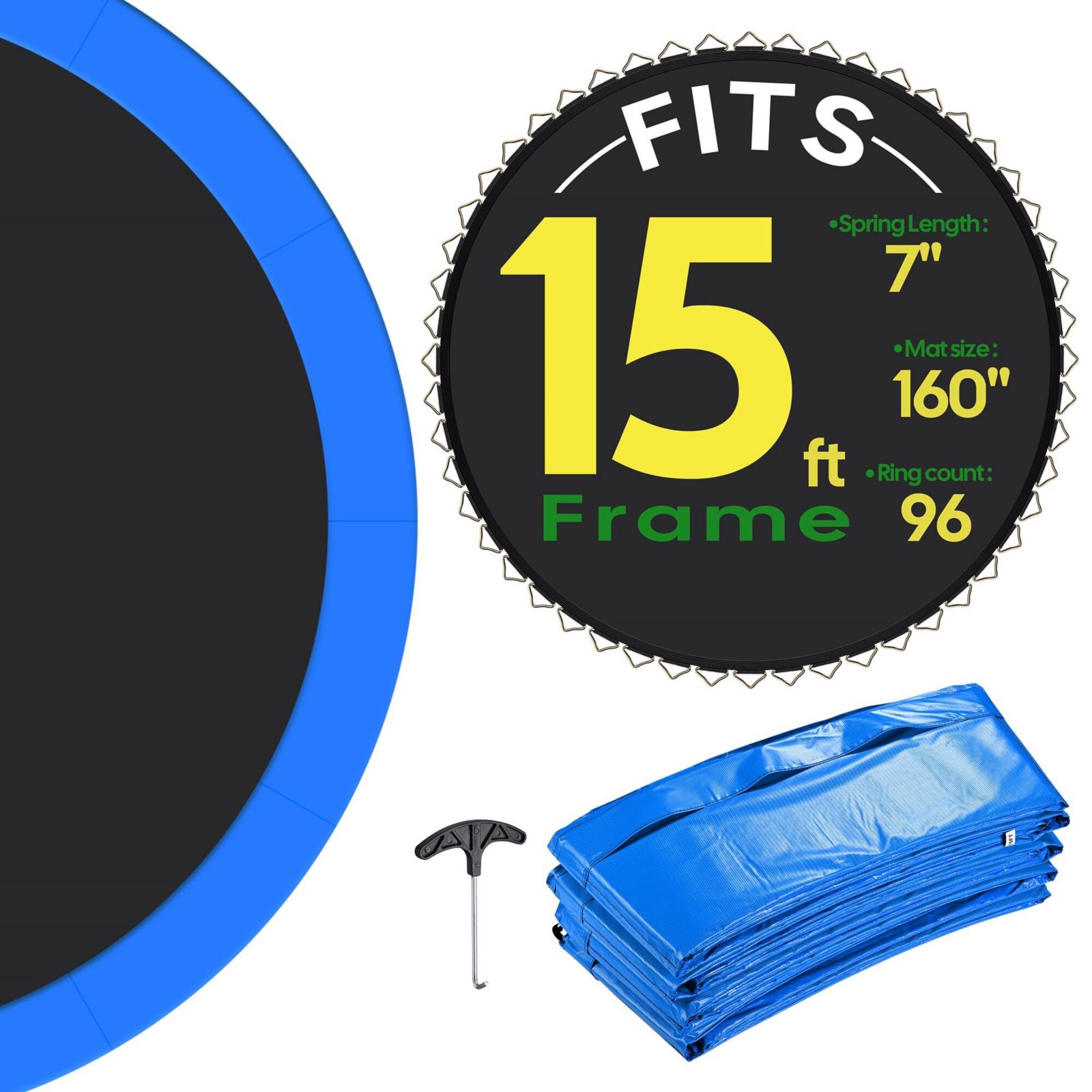 Yescom Trampoline Mat and Pad Replacement Kit w/ 96V-Ring for 15ft Round Trampoline Frame Blue