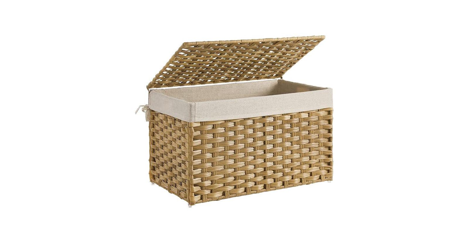 SONGMICS HOME Storage Basket with Lid – 17.2 Gallons (65L) Foldable Woven Bin with Handles, Metal Frame & Removable Liner for Blankets