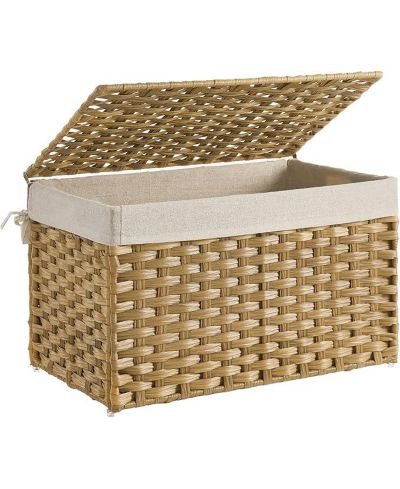 SONGMICS HOME Storage Basket with Lid – 17.2 Gallons (65L) Foldable Woven Bin with Handles, Metal Frame & Removable Liner for Blankets