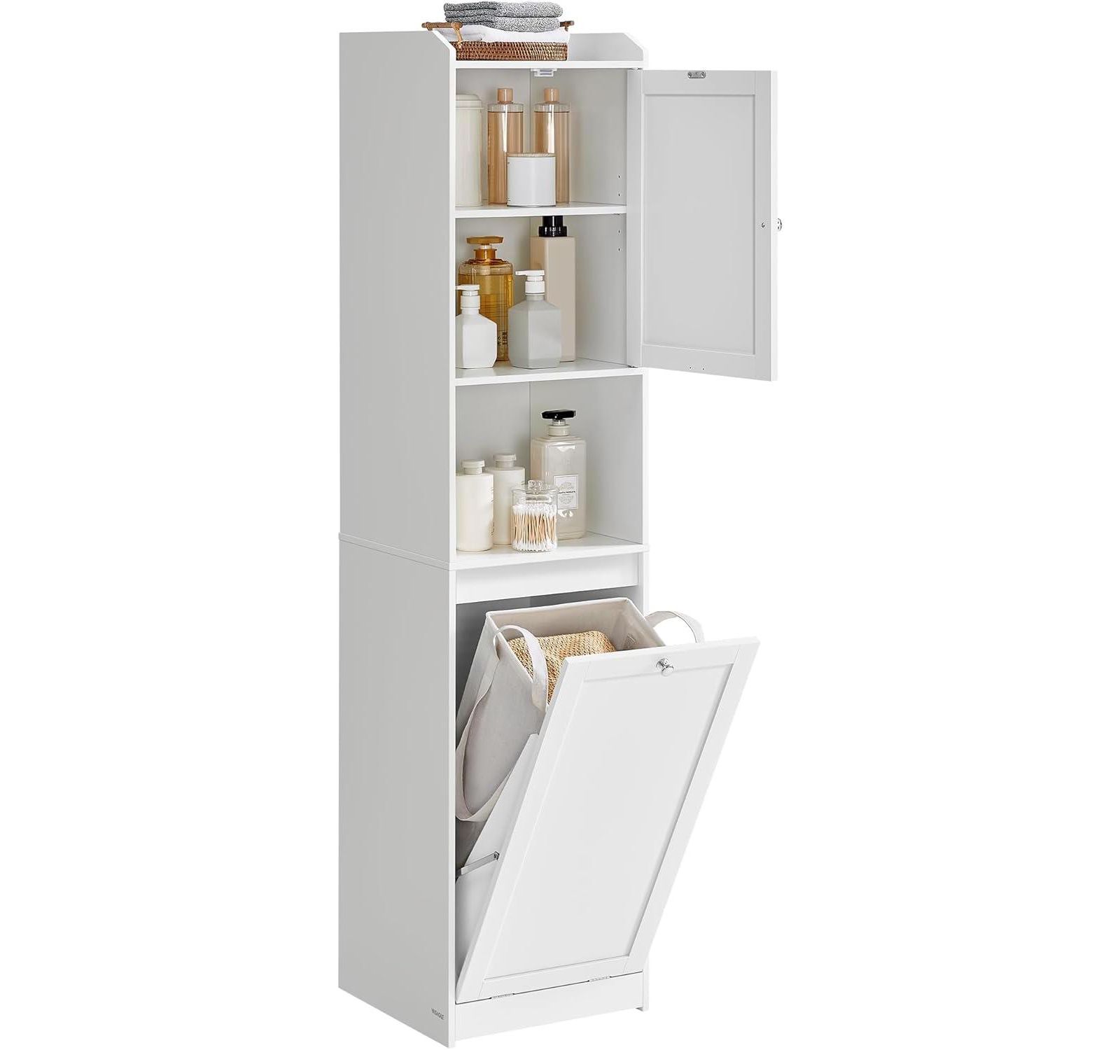 SONGMICS HOME Tall Bathroom Cabinet with removable laundry basket, Cloud White
