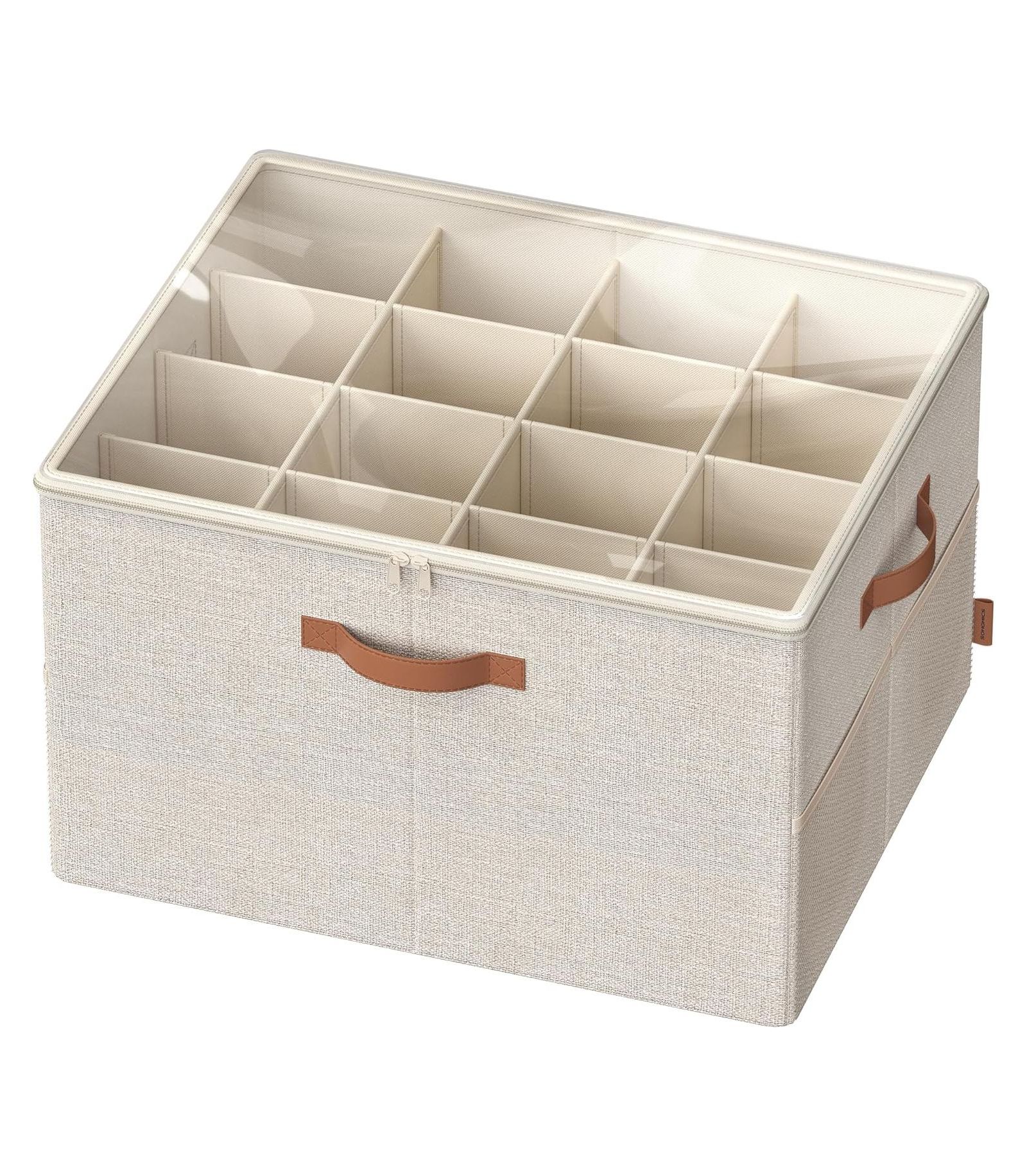 SONGMICS HOME Fabric Storage Bin with Handles & Clear Lid, Up to 16 Pairs, Beige