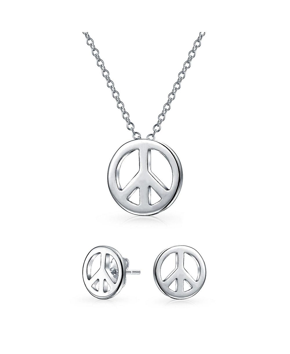 Bling Jewelry Tiny Peace Sign Pendant Stud Earrings Jewelry Set .925 Sterling Silver