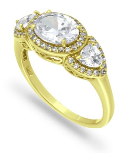 Кольцо с цирконием Oval с акцентами Tanzanite CZ, 3 камня, 18K Gold Plate