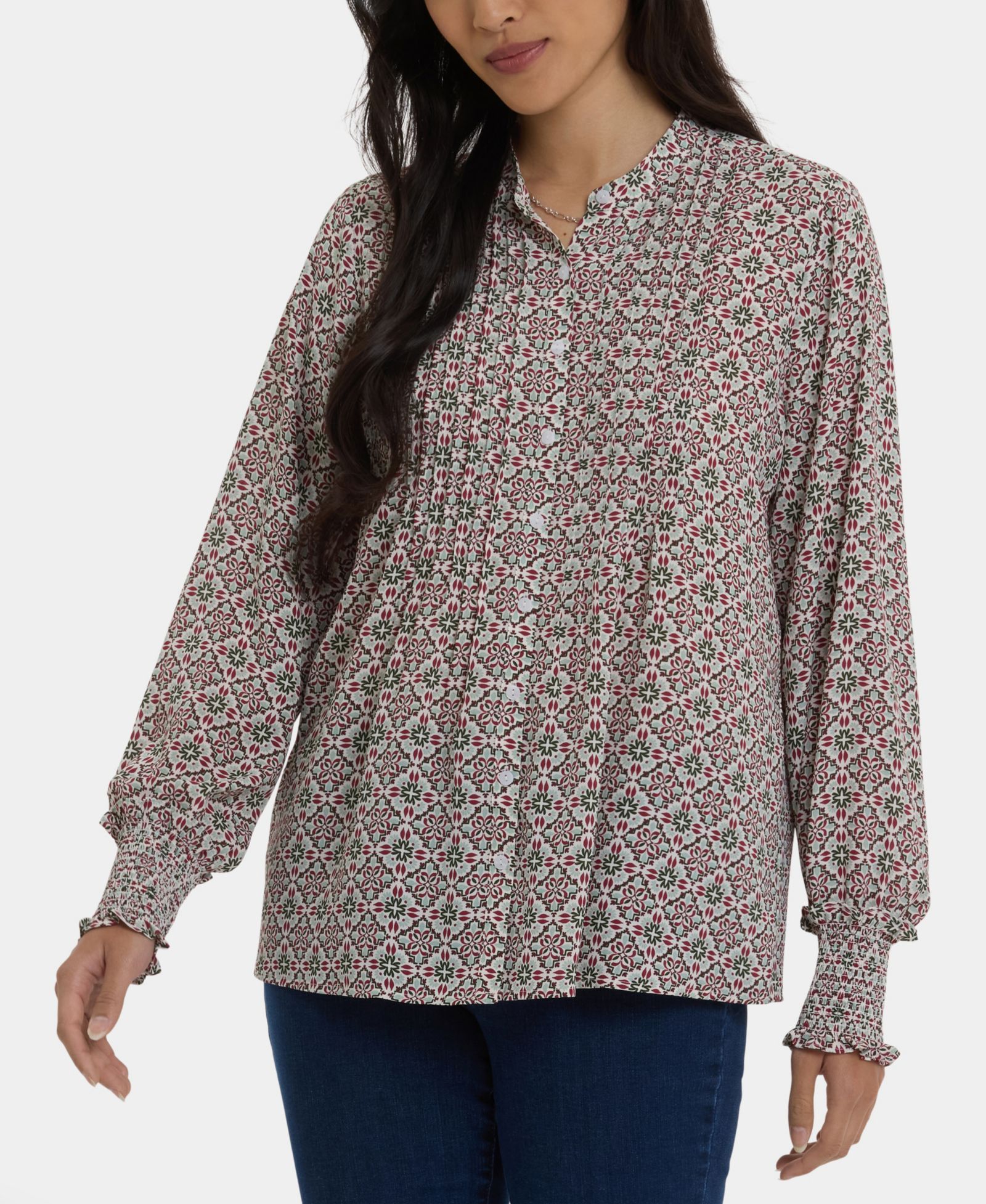 NYDJ Women's Pleated Peasant Blouse Long Sleeve Top
