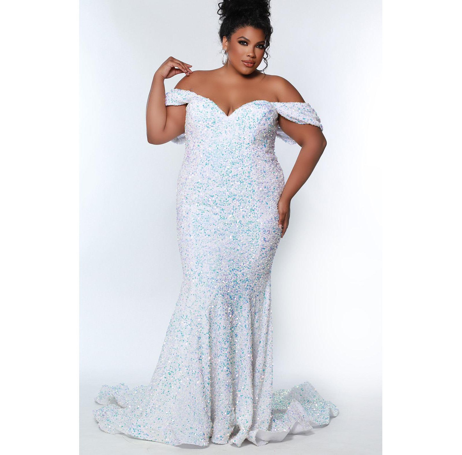 Johnathan Kayne for Sydney's Closet Women's Off the Shoulder Plus Size Sequin Velvet Fitted Formal Gown