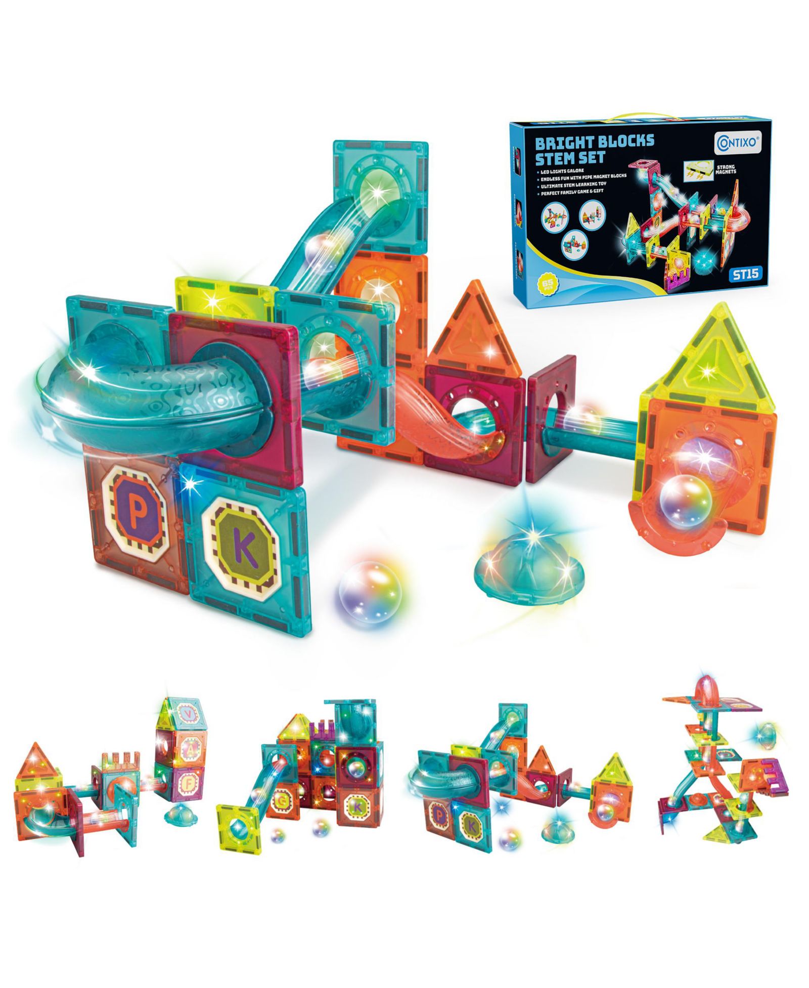 Магнитный набор для строительства Contixo 65-Piece Glow-in-the-Dark Marble Run, STEM