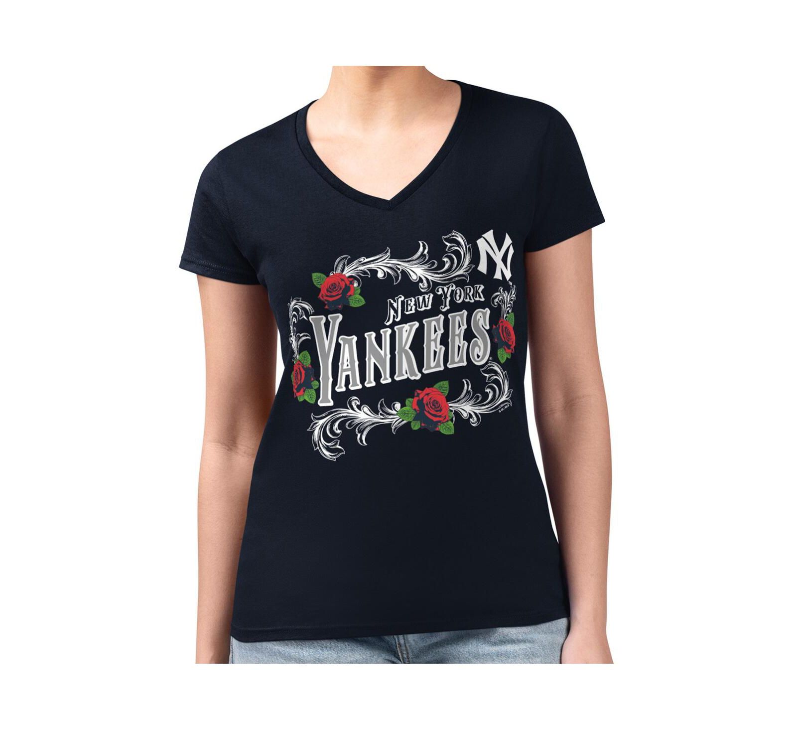 G-III 4Her by Carl Banks Women's Navy New York Yankees Retro Roses Fitted V-Neck T-Shirt
