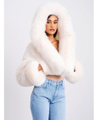 Miss Circle Women's Kali White Cropped Faux Fur Jacket With Hood